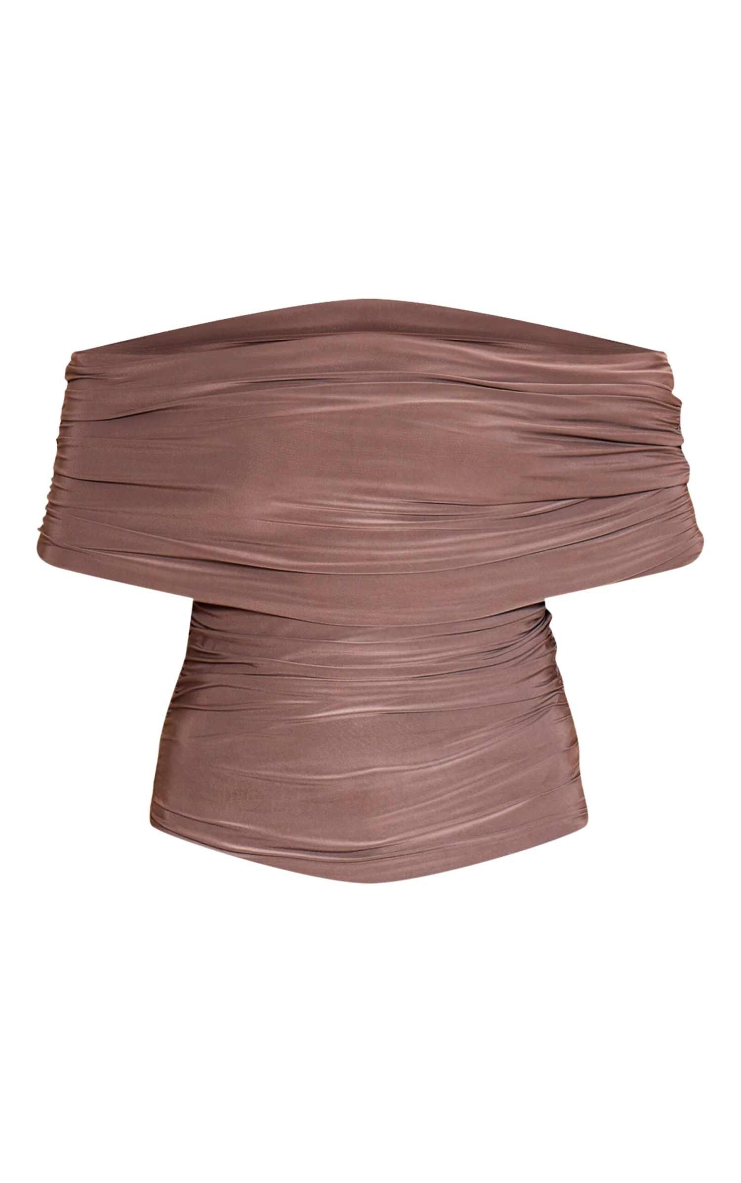 Prettylittlething Mushroom Double Layer Slinky Ruched Bardot Long Top - Image 5