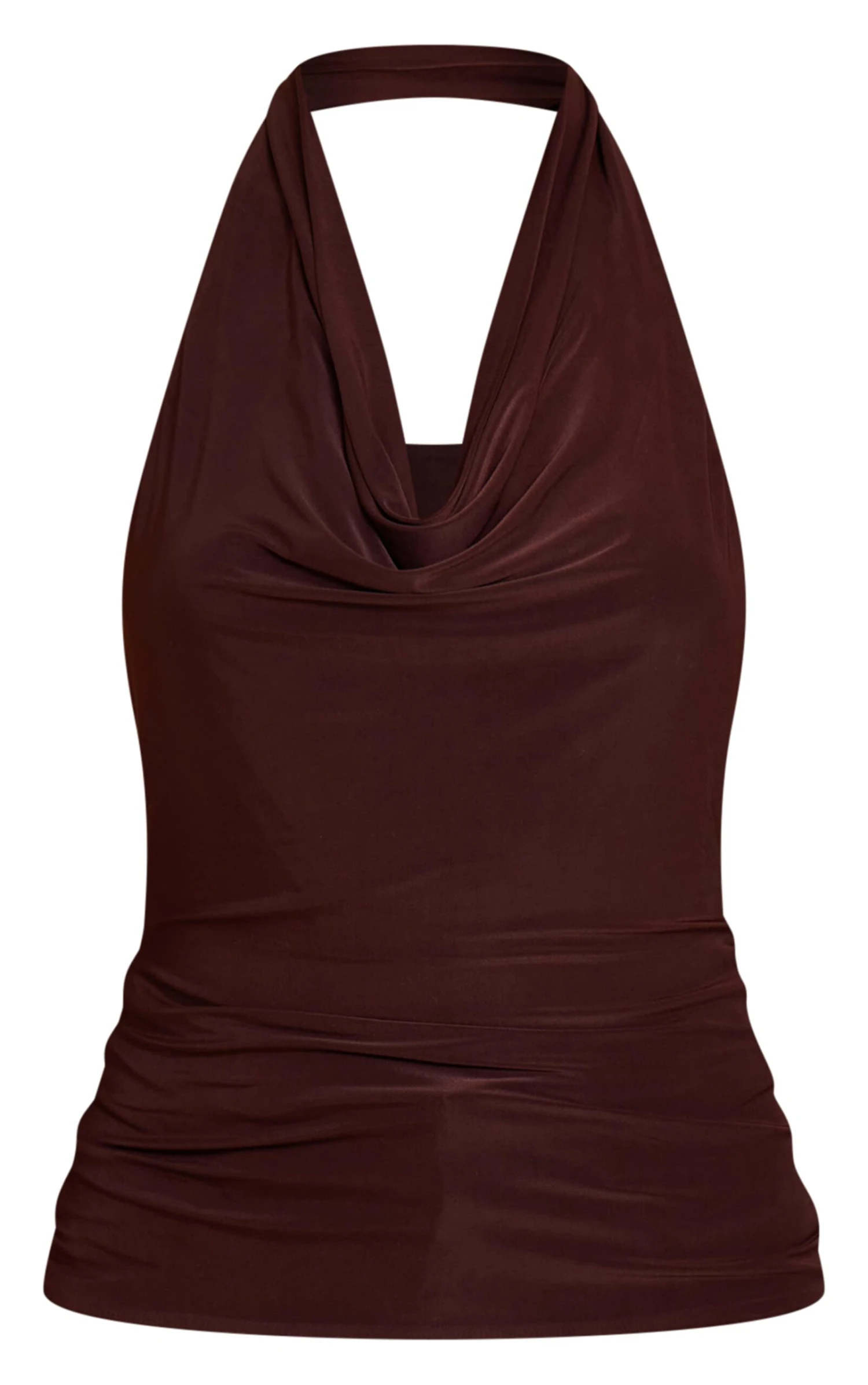 Prettylittlething Chocolate Double Layer Slinky Backless Trim Detail Long Top - Image 5