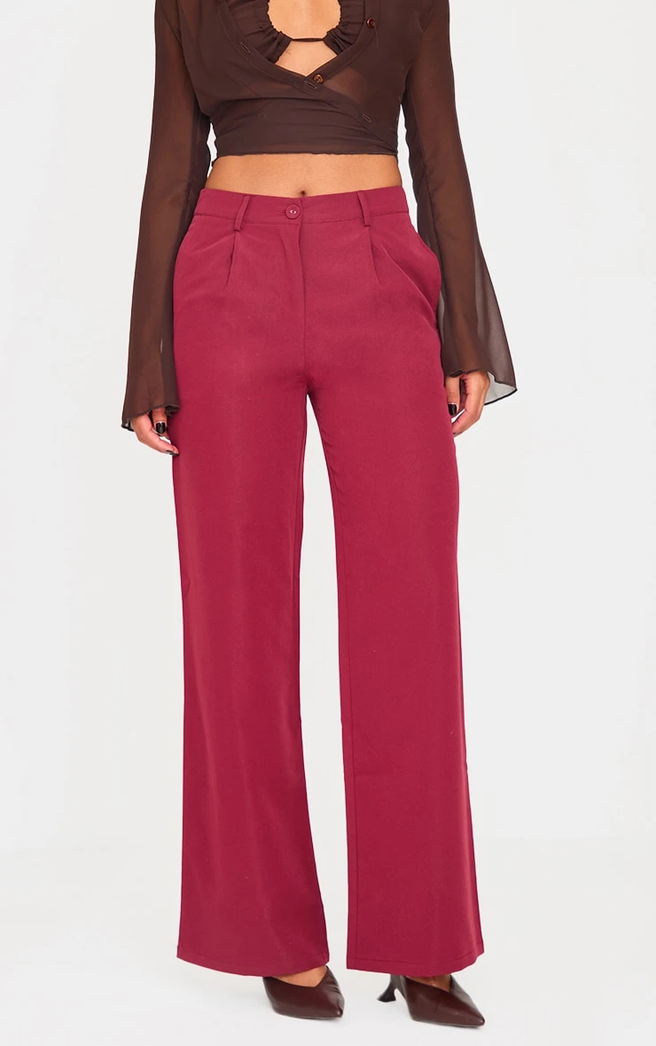 Prettylittlething Burgundy Peach Skin Straight Leg Pants 1 Prettylittlething Burgundy Peach Skin Straight Leg Pants