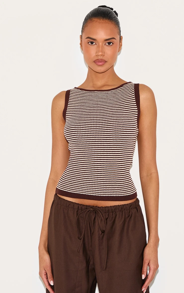 Prettylittlething Chocolate Stripe Waffle Knit Boat Neck Top 1 Prettylittlething Chocolate Stripe Waffle Knit Boat Neck Top