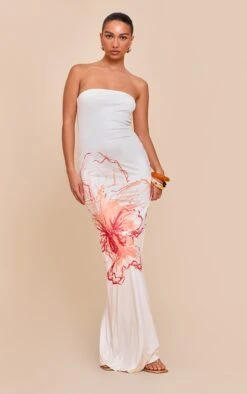 Prettylittlething Cream Floral Printed Bandeau Maxi Dress