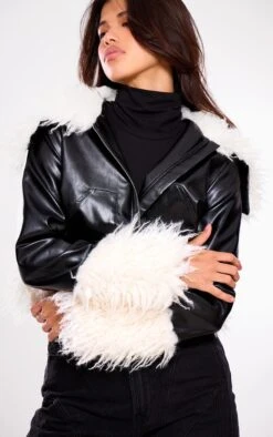 Prettylittlething Black Faux Fur White Trim Contrast Faux Leather Jacket -Pretty Little Thing Shop 247a0469aa3942c396f38736ace7fce91ca53fab cnj9115 4