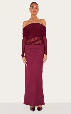 Prettylittlething Wine Satin Mesh Detail Bardot Maxi Dress