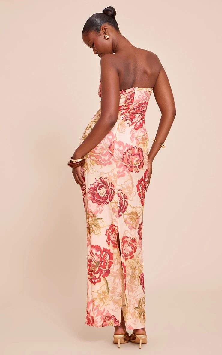 Prettylittlething Multi Floral Print Chiffon Bandeau Maxi Dress - Image 2