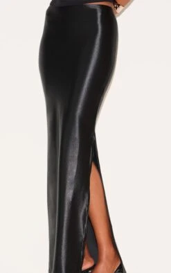 Prettylittlething Black Stretch Satin Split Side Maxi Skirt -Pretty Little Thing Shop 25623e1b27a772e436db90f51abb1a2ab4075a3b CNF3370 4 black stretch satin split side maxi skirt