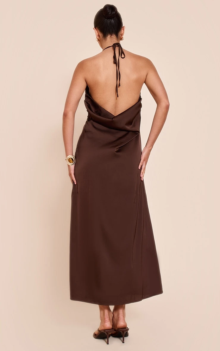 Prettylittlething Chocolate Satin Tie Front Maxi Dress 2 Prettylittlething Chocolate Satin Tie Front Maxi Dress - Image 2