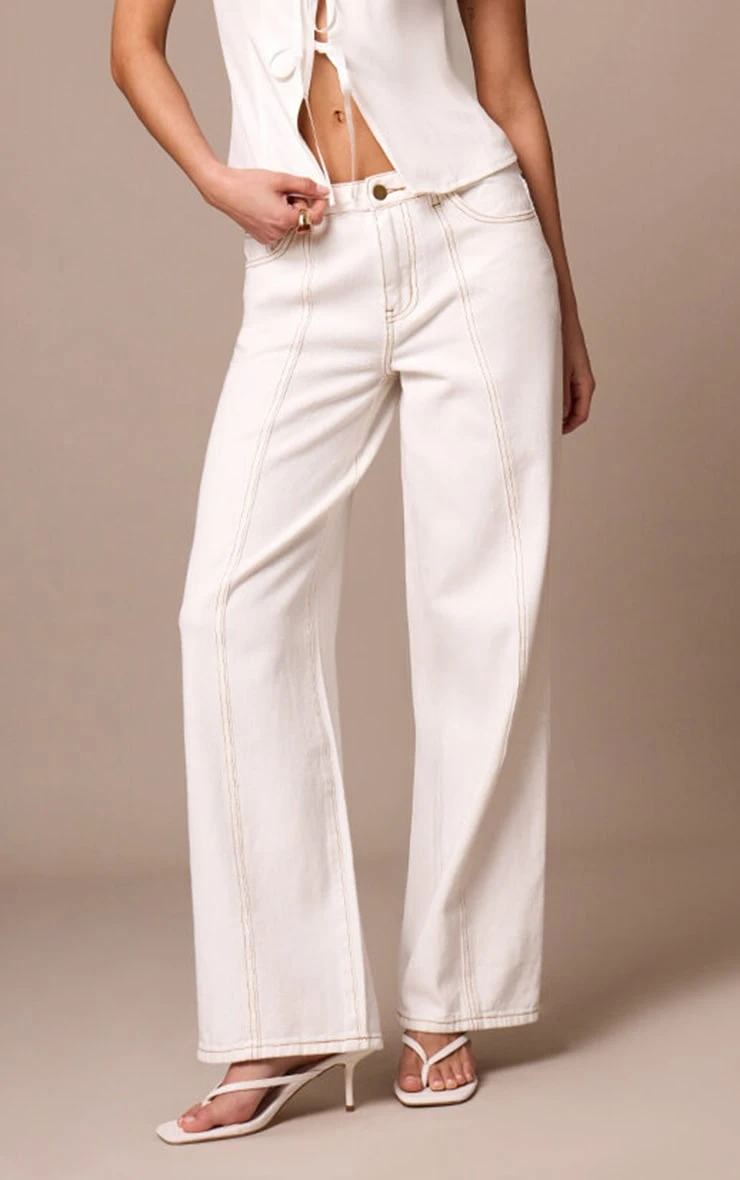 Prettylittlething Ecru Contrast Stitch Seam Detail Jeans 2 Prettylittlething Ecru Contrast Stitch Seam Detail Jeans - Image 2