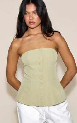 Prettylittlething Sage Green Woven Structured Bandeau Vest