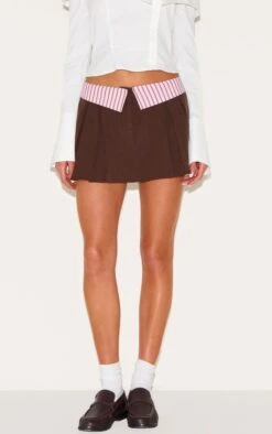 Prettylittlething Chocolate Brown Contrast Striped Waistband Mini Skirt