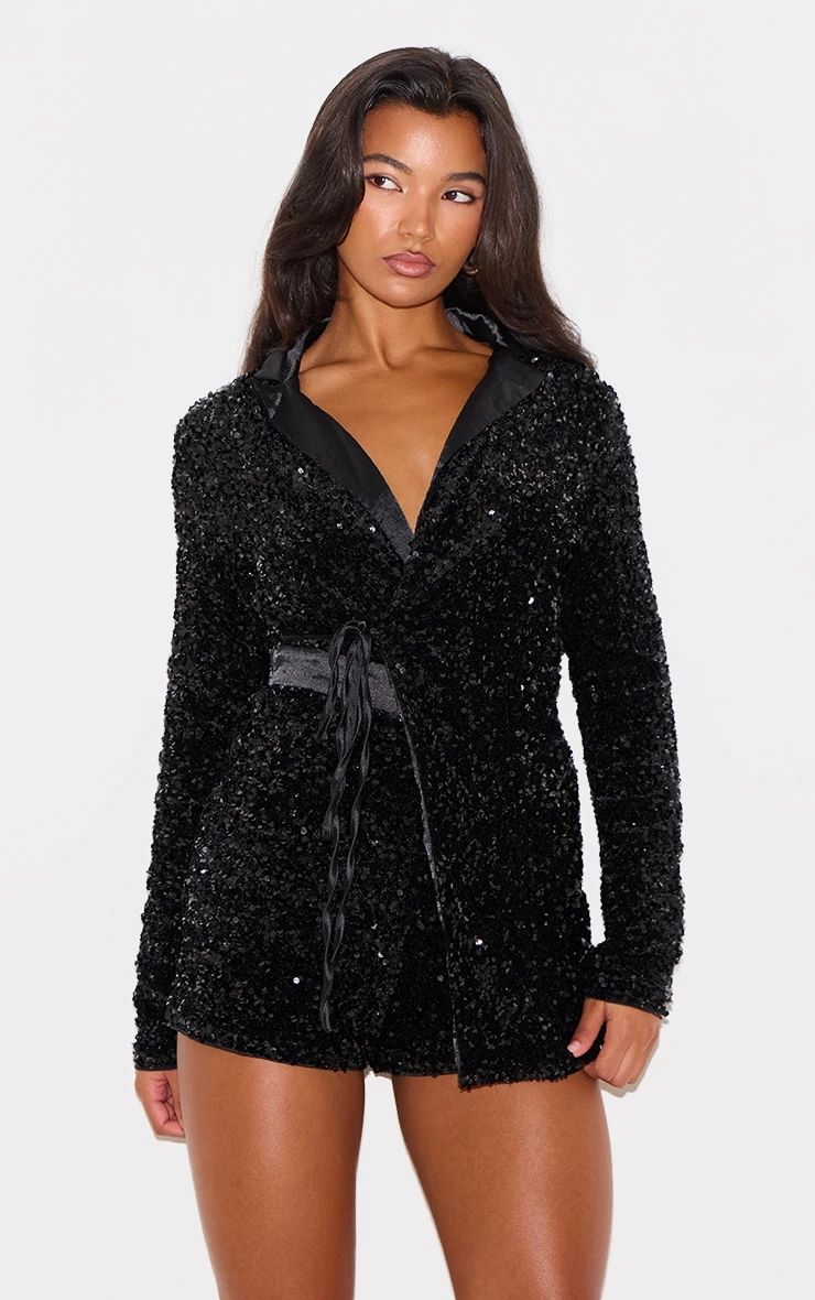 Prettylittlething Black Collar Detail Sequin Romper 1 Prettylittlething Black Collar Detail Sequin Romper