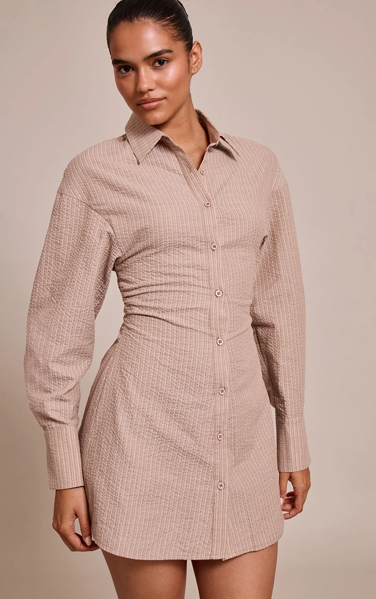 Prettylittlething Taupe Pinstripe Seersucker Cinched Waist Shirt Dress 1 Prettylittlething Taupe Pinstripe Seersucker Cinched Waist Shirt Dress
