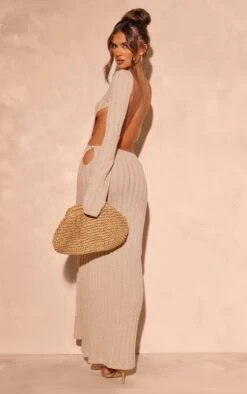Prettylittlething Taupe Crochet Low Back Maxi Dress