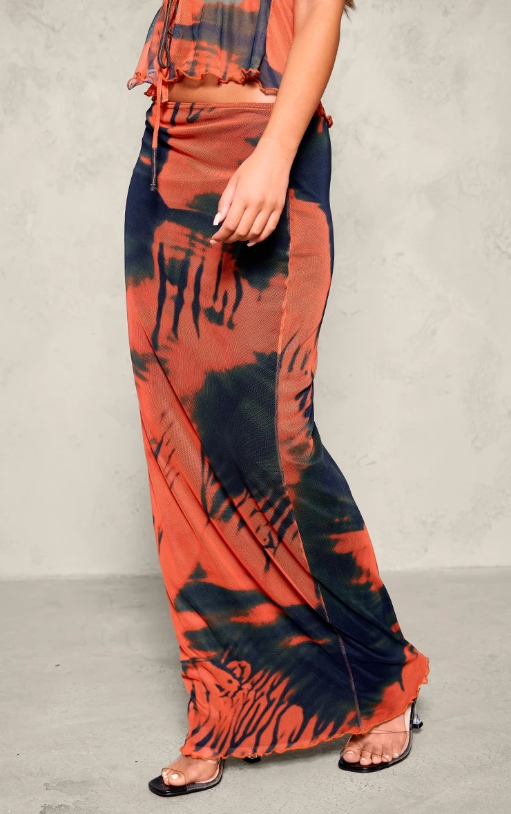 Prettylittlething Orange Abstract Print Mesh Low Rise Maxi Skirt 2 Prettylittlething Orange Abstract Print Mesh Low Rise Maxi Skirt - Image 2