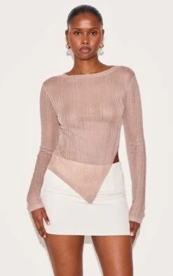 Prettylittlething Mocha Sheer Knit Asymmetric Top