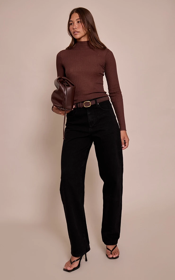 Prettylittlething Brown Sheer Knit High Neck Top 3 Prettylittlething Brown Sheer Knit High Neck Top - Image 3