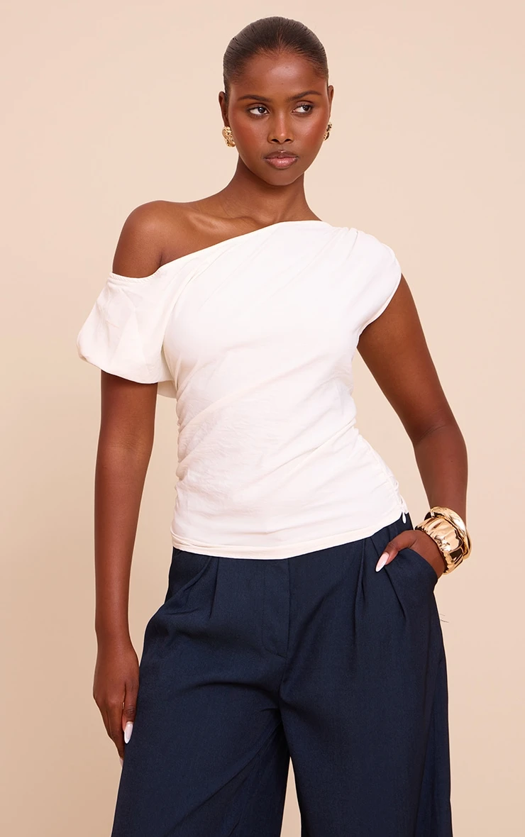 Prettylittlething Cream Floaty Woven Ruched One Shoulder Top 1 Prettylittlething Cream Floaty Woven Ruched One Shoulder Top