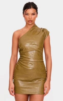 Prettylittlething PLT Label Olive Croc Faux Leather Asymmetric Bodycon Dress