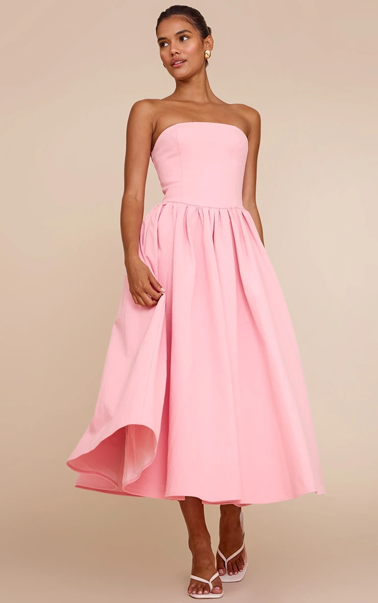 Prettylittlething Candy Pink Woven Bandeau Ruched Skater Midaxi Dress