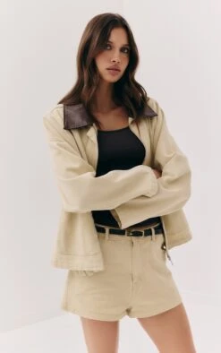 Prettylittlething Beige Brown Collar Denim Jacket