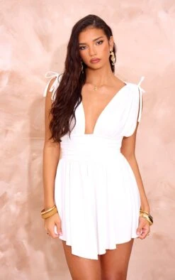Prettylittlething White Jersey Plunge Neck Shift Dress