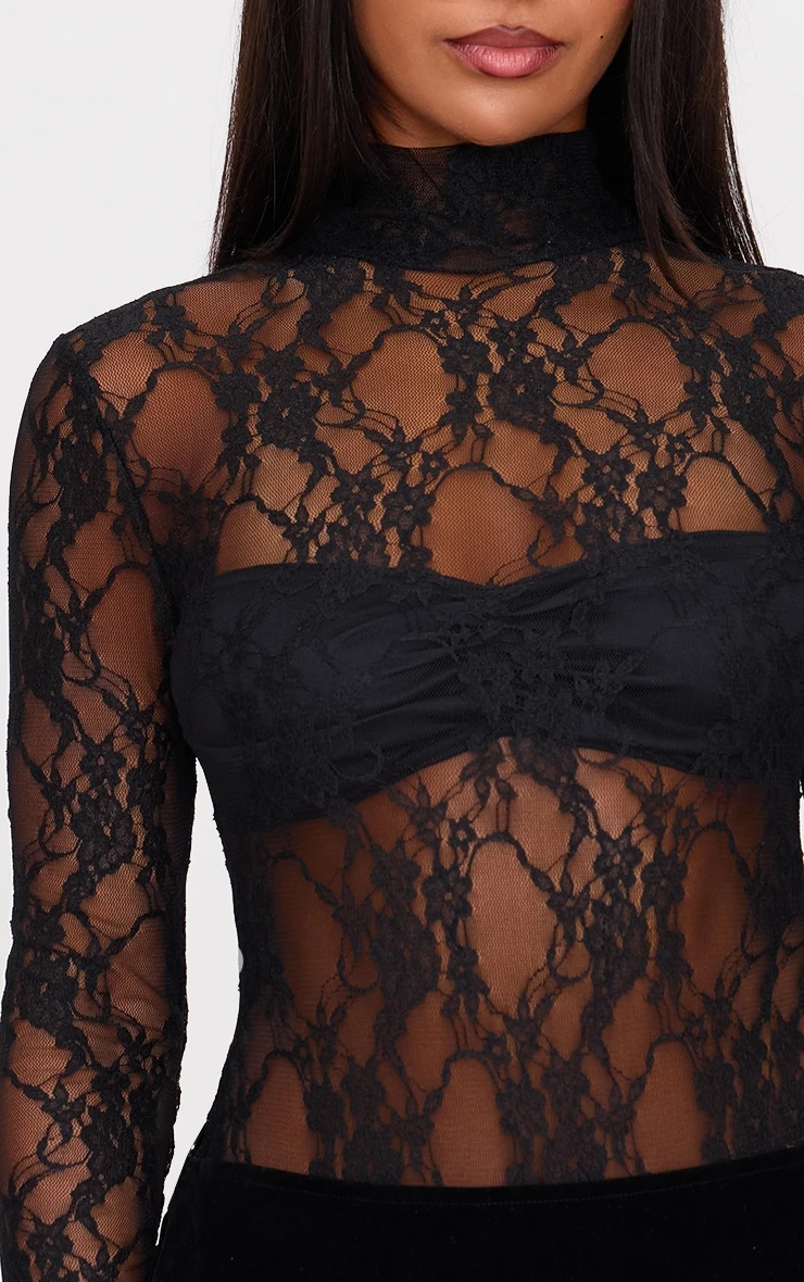 Prettylittlething Black Lace High Neck Long Sleeve Bodysuit 4 Prettylittlething Black Lace High Neck Long Sleeve Bodysuit - Image 4