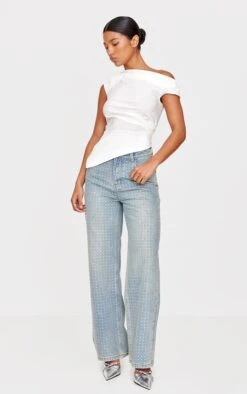Prettylittlething Vintage Light Wash Diamante Front Straight Leg Jeans