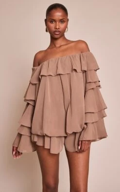 Prettylittlething Mushroom Chiffon Frill Detail Long Sleeve Romper