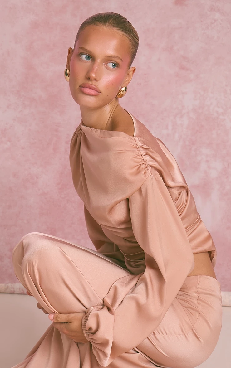 Peach Satin Cut Out Long Sleeve Blouse 4 Peach Satin Cut Out Long Sleeve Blouse - Image 4