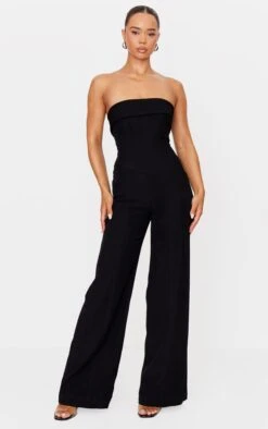 Prettylittlething Premium Black Woven Bandeau Corset Straight Leg Jumpsuit