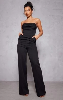 Prettylittlething Black Bandeau Cowl Neck Pocket Detailed Jumpsuit