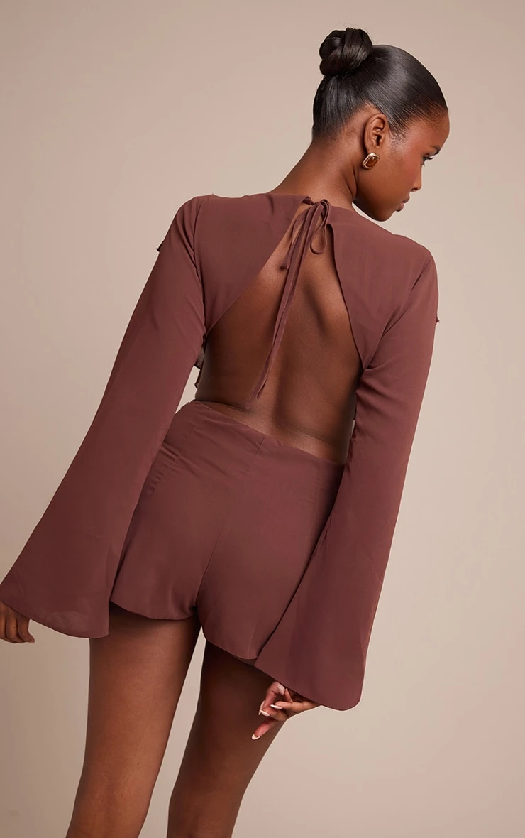 Prettylittlething Chocolate Frill Detail V Neck Romper 2 Prettylittlething Chocolate Frill Detail V Neck Romper - Image 2