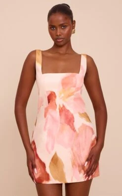 Prettylittlething Pink Floral Abstract Print Woven A Line Shift Dress