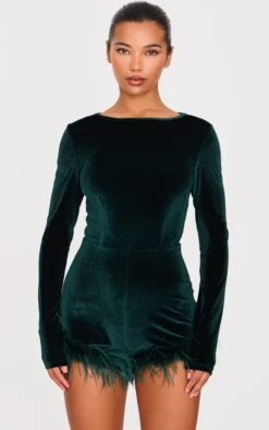 Prettylittlething Forest Green Velvet Long Sleeve Feather Trim Romper