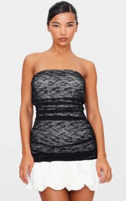 Prettylittlething Black Lace Bandeau Puff Hem Mini Dress