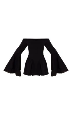 Prettylittlething Black Bardot Flare Sleeve Romper -Pretty Little Thing Shop 289bd64e196d2a7936d08b009f84efdfb73f39b0 CNN4946 5 black bardot flare sleeve playsuit