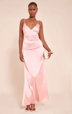 Prettylittlething Blush Satin Strappy Maxi Dress