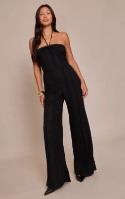 Prettylittlething Black Lace Fold Over Straight Leg Jumpsuit