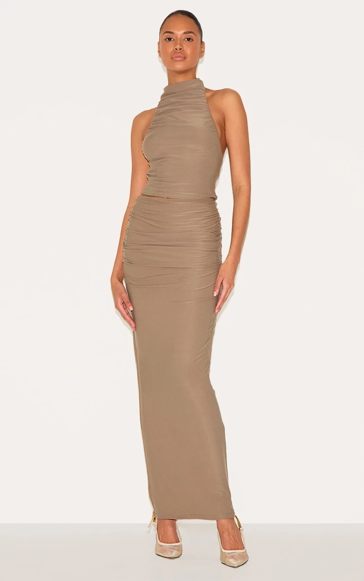 Prettylittlething Mushroom Soft Touch Ruched Maxi Skirt 2 Prettylittlething Mushroom Soft Touch Ruched Maxi Skirt - Image 2