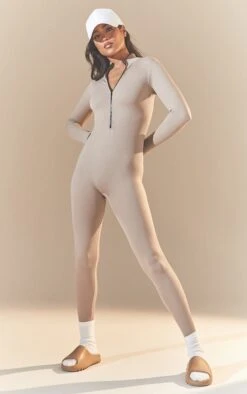 Prettylittlething Stone Structured Snatched Rib Zip Jumpsuit