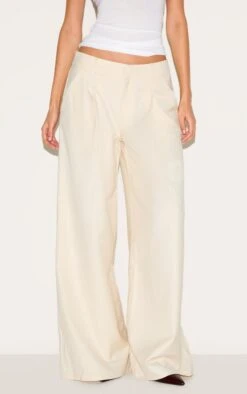 Prettylittlething Cream Woven Double Pleat Wide Leg Pants
