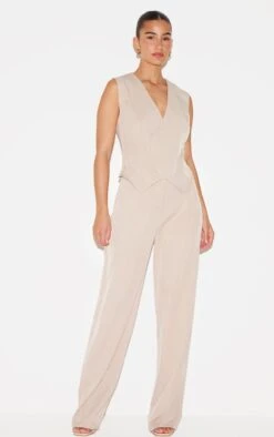 Prettylittlething Stone Woven Asymmetric Detail Vest Straight Leg Jumpsuit