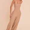 Beige Woven Sweetheart Neck Wide Leg Jumpsuit