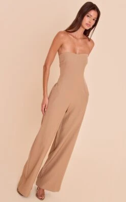 Beige Woven Sweetheart Neck Wide Leg Jumpsuit
