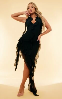 Prettylittlething Black Chiffon Frill Detail Plunge Midaxi Dress