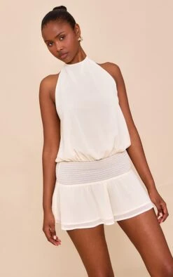 Prettylittlething Butter Cream Chiffon Halterneck Romper