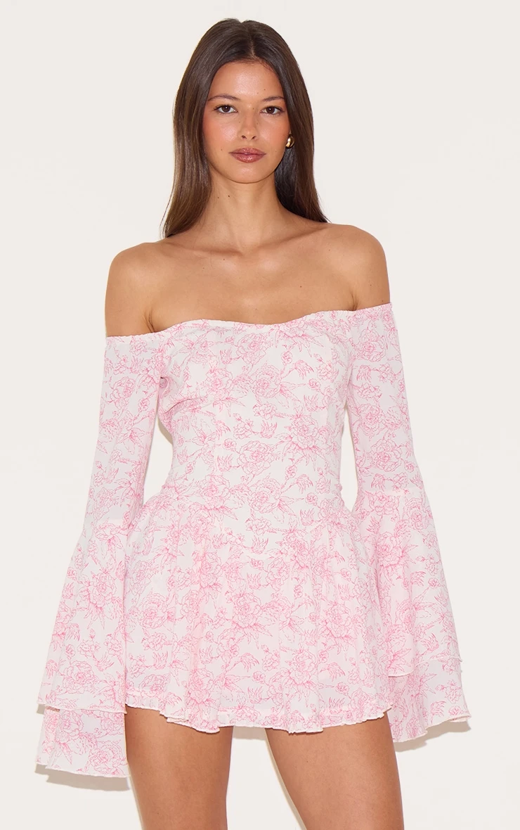 Prettylittlething Pink Ditsy Print Bardot Flare Sleeve Romper 1 Prettylittlething Pink Ditsy Print Bardot Flare Sleeve Romper