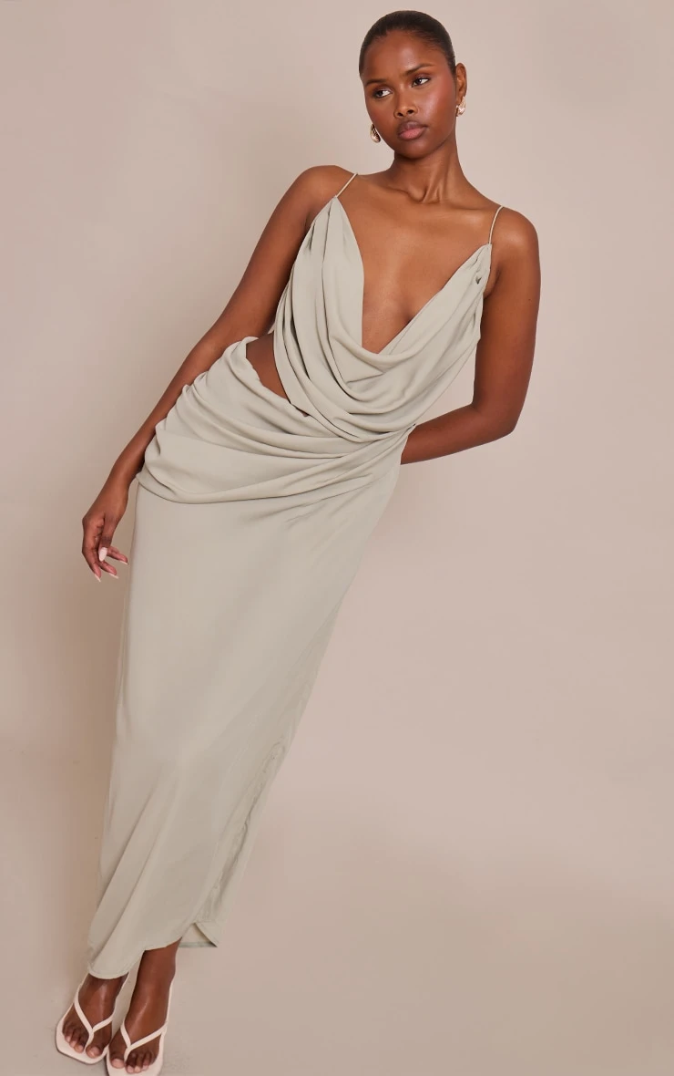 Prettylittlething Sage Chiffon Drape Cut Out Midi Dress 1 Prettylittlething Sage Chiffon Drape Cut Out Midi Dress