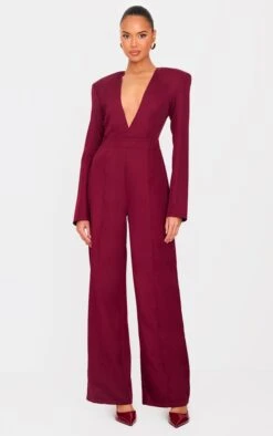 Prettylittlething Burgundy Woven Plunge Long Sleeve Straight Leg Jumpsuit
