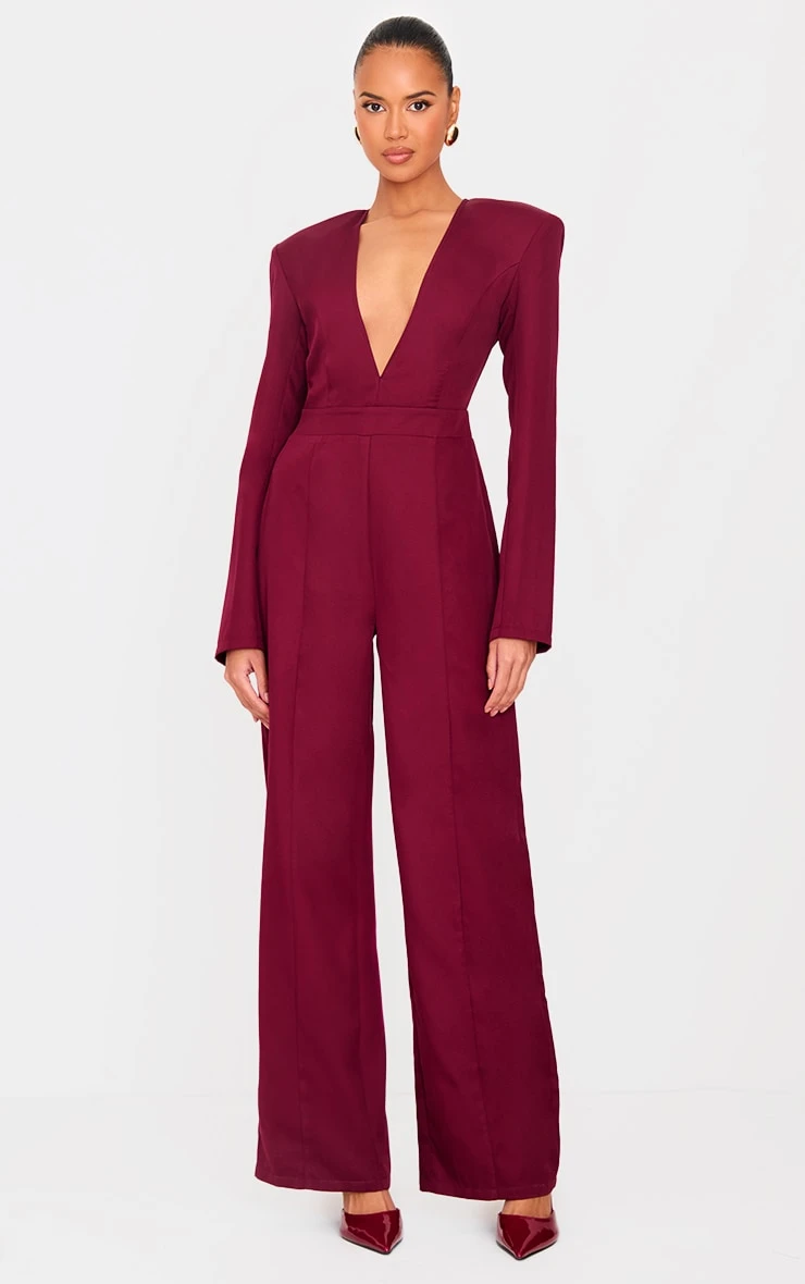 Prettylittlething Burgundy Woven Plunge Long Sleeve Straight Leg Jumpsuit 1 Prettylittlething Burgundy Woven Plunge Long Sleeve Straight Leg Jumpsuit