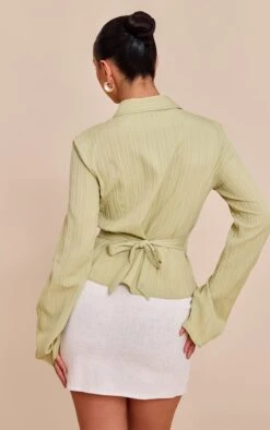 Prettylittlething Sage Green Textured Satin Tie Back Shirt -Pretty Little Thing Shop 2a9a77244dced886546adf50bd57ac81d13bb2a6 CNN2348 2 sage green textured satin tie back shirt